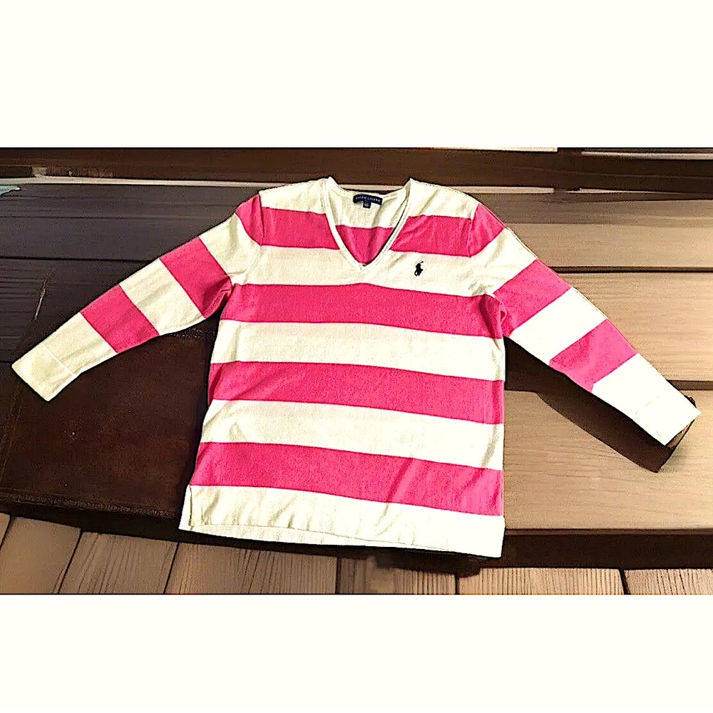 💓RALPH LAUREN💓 STRIPED COTTON V-NECK LONG SLEEVE SIDE SLIT SWEATER EUC💕